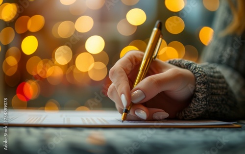 A woman is writing with a pen on a piece of paper. Concept of focus and concentration as the woman carefully writes. The pen and paper are the main objects in the scene