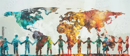 Panel kuchenny z motywem Global Harmony, silhouettes of people holding hands across the continents, depicted as a textured watercolor map of the world, highlighting the theme of global unity and peace.