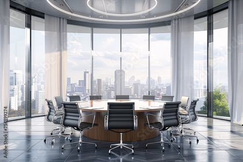 Modern Meeting Room with Panoramic View of City Skyline Generative AI photo