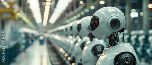 March of the Machines, line of advanced robots standing at attention, symbolizing the rise of automation and artificial intelligence in modern manufacturing. photo