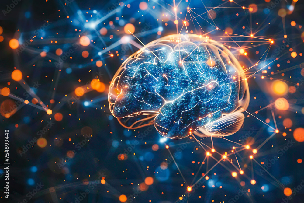 Close-up of a human brain with blue coloration, surrounded by various lines and dots representing neurons firing. Close-up of a human brain with blue coloration, surrounded by various lines and dots representing neurons firing.