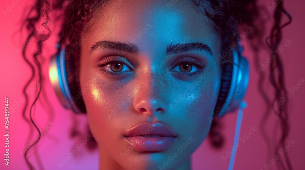 A woman with headphones on her head. She has a nice face and is wearing headphones A woman with headphones on her head. She has a nice face and is wearing headphones