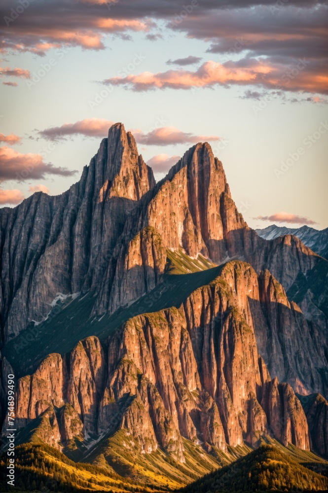 Majestic peaks aglow with warm sunset colors over green valleys 