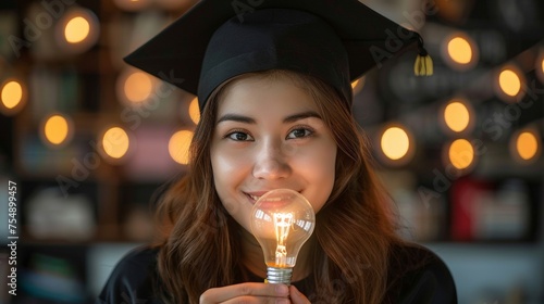 College Student Girl Holding Light Bulb for Education Concept © DVS