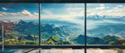 Vista of Tranquility, A breathtaking view from within, looking out through a grand window to a panoramic scene of majestic mountains, rolling hills, and a serene lake, all bathed in the warm light