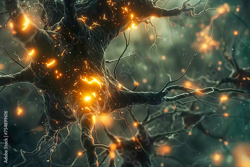 Neurons in the human brain with bright signals indicating synaptic activity