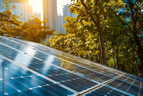 A close-up view of solar panels on the roof of a modern city building. photo