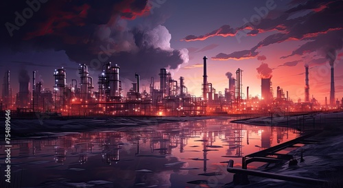 gas refinery surrounded by pipes at dusk