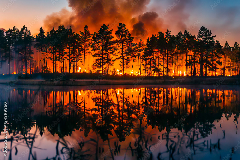 Obraz premium A fire rages in the forest close to a lake, with smoke billowing into the sky.