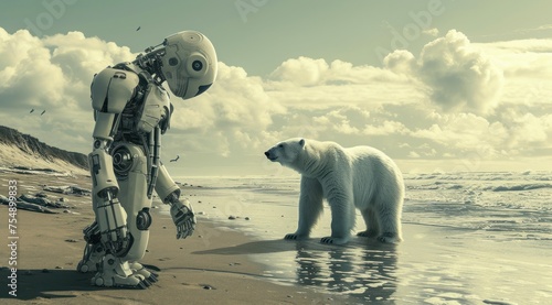 La rencontre d'un ours polaire et d'un robot sur une plage au bord de mer photo
