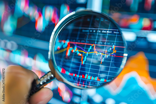 A hand holding a magnifying glass closely examining a detailed stock chart. photo