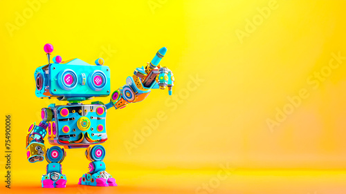 Colorful toy robot pointing against a bright yellow backdrop.