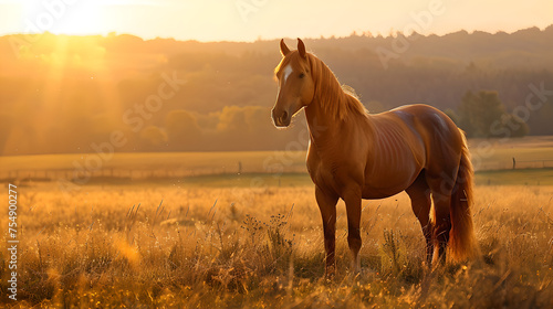 brown elegant horse standing in wide golden in the field with sun setting down behind the trees, majestic © Jakob