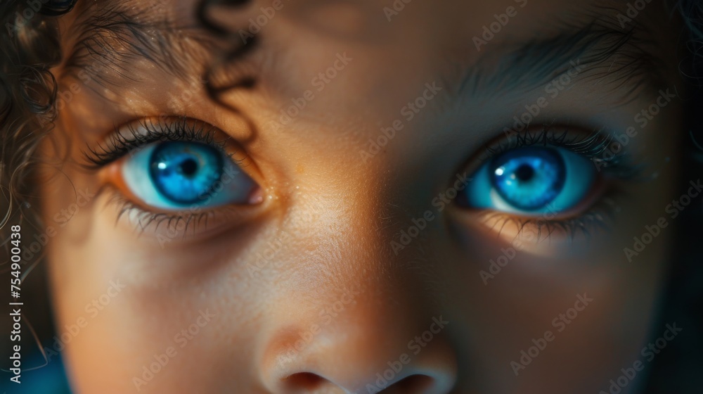 Naklejka premium A young girl with blue eyes is staring at the camera. The blue eyes are the main focus of the image, and they seem to be looking directly at the viewer. The girl's hair is curly