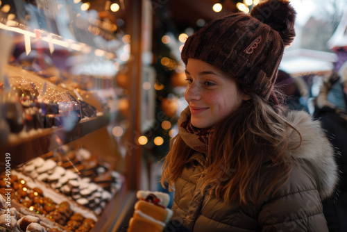Young happy girl buying sweets on Christmas market during winter day