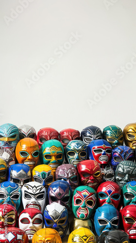 A dynamic display of colorful Luchador masks arranged in rows, suitable for use in articles about Cinco de Mayo or as a vibrant background for event flyers.