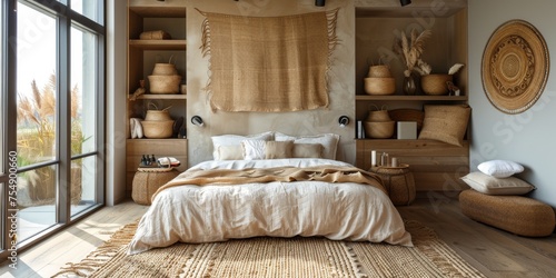 Boho Scandinavian style in farmhouse interior. Beige bedroom with natural wooden furniture.