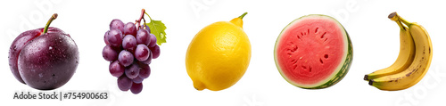 Slots Fruits set. Watermelon, Banana, Lemon, Grape, Plum  Transparent background PNG. Generative AI