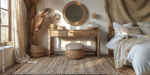 Boho Scandinavian style in farmhouse interior. Beige bedroom with natural wooden furniture.