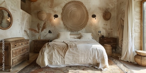 Boho Scandinavian style in farmhouse interior. Beige bedroom with natural wooden furniture.