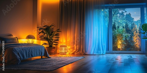 Boho Scandinavian style in farmhouse interior. Beige bedroom with natural wooden furniture.