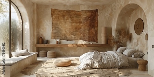 Boho Scandinavian style in farmhouse interior. Beige bedroom with natural wooden furniture.