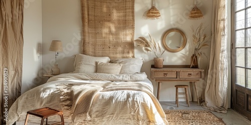 Boho Scandinavian style in farmhouse interior. Beige bedroom with natural wooden furniture.