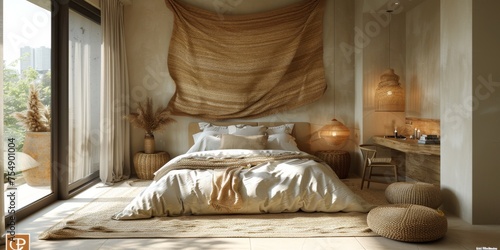 Boho Scandinavian style in farmhouse interior. Beige bedroom with natural wooden furniture.