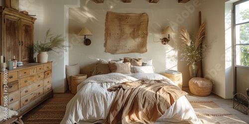 Boho Scandinavian style in farmhouse interior. Beige bedroom with natural wooden furniture.