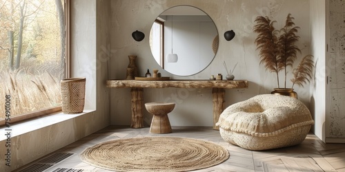Boho Scandinavian style in farmhouse interior. Beige bedroom with natural wooden furniture.