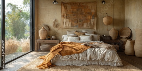 Boho Scandinavian style in farmhouse interior. Beige bedroom with natural wooden furniture.