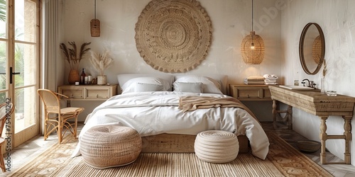 Boho Scandinavian style in farmhouse interior. Beige bedroom with natural wooden furniture.