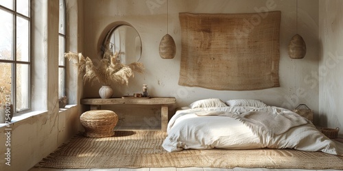Boho Scandinavian style in farmhouse interior. Beige bedroom with natural wooden furniture.