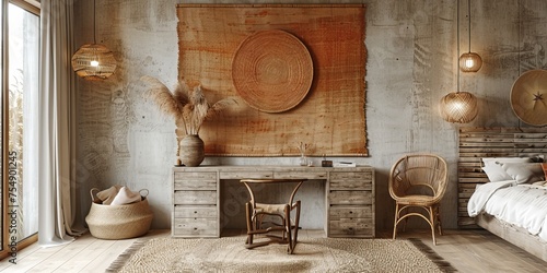 Boho Scandinavian style in farmhouse interior. Beige bedroom with natural wooden furniture.