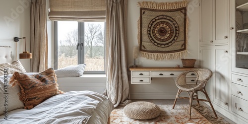 Boho Scandinavian style in farmhouse interior. Beige bedroom with natural wooden furniture.