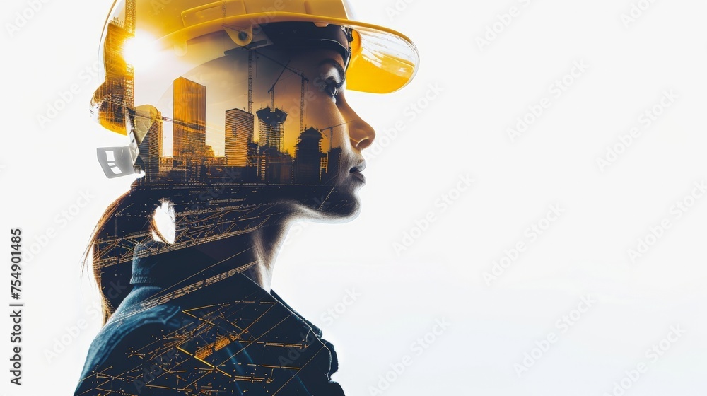 Professional Woman in Yellow Safety Helmet Silhouetted Against Urban Construction