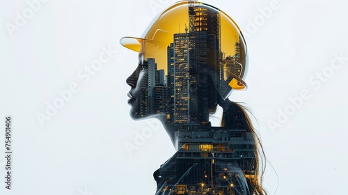 Professional Woman in Yellow Safety Helmet Silhouetted Against Urban Construction