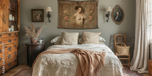 Boho Scandinavian style in farmhouse interior. Beige bedroom with natural wooden furniture.