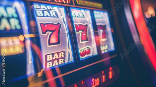 Slot machine hits the jackpot displaying 777 Big win concept in a casino 