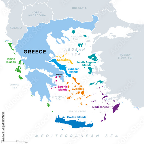 Greek island groups  islands of Greece  political map. The greek islands are traditionally grouped into clusters  most of them lying in the Aegean Sea  an elongated embayment of the Mediterranean Sea.