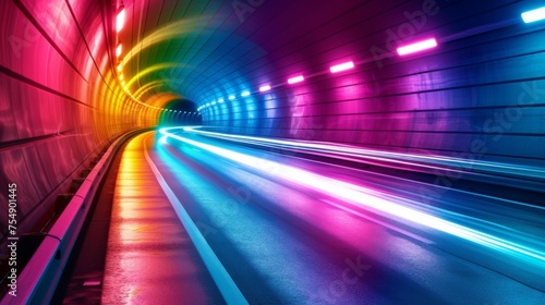 A colorful tunnel with neon lights and a rainbow. Scene is energetic and exciting, as if the tunnel is a gateway to a new and vibrant world