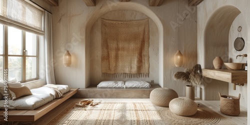 Boho Scandinavian style in farmhouse interior. Beige bedroom with natural wooden furniture.