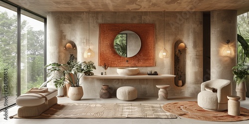 Boho Scandinavian style in farmhouse interior. Beige bedroom with natural wooden furniture.