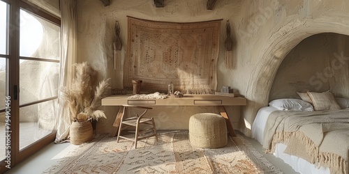 Boho Scandinavian style in farmhouse interior. Beige bedroom with natural wooden furniture.
