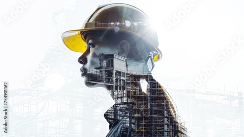 Professional Woman in Yellow Safety Helmet Silhouetted Against Urban Construction