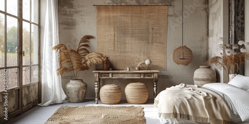 Boho Scandinavian style in farmhouse interior. Beige bedroom with natural wooden furniture.