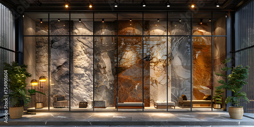 Display with decorative artificial stone samples in mall shop with spotlight stone samples background and wallpaper  photo