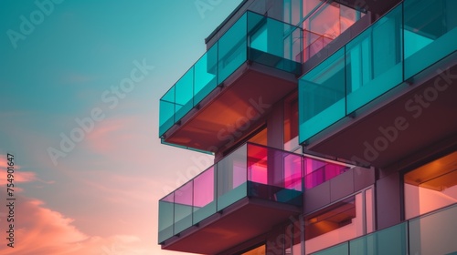 A building with a balcony and a colorful sky. The sky is pink and purple. The building is tall and has many windows © imagineRbc