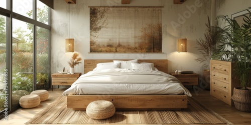 Boho Scandinavian style in farmhouse interior. Beige bedroom with natural wooden furniture.