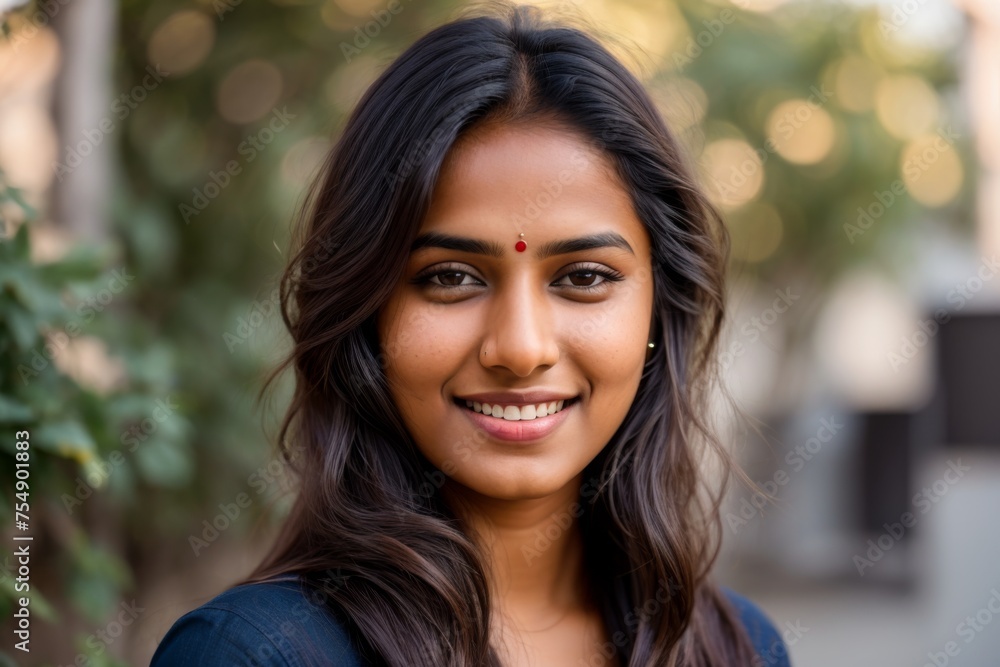Obraz premium Smiling young woman with tousled hair in subtle breeze captivates eyes